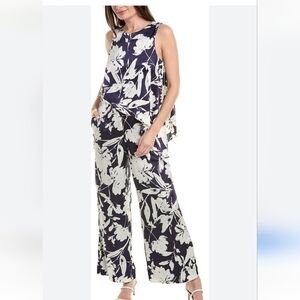 JULIA JORDAN Black/Ivory Sleeveless Floral Lined Satiny Shiny Wide‎ Leg Jumpsuit